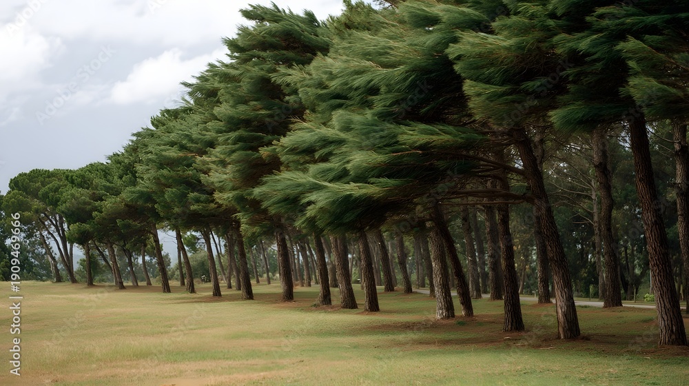 Fototapeta premium A line of tall pine trees are dramatically bent and swayed by a strong powerful wind across a green grassy field under a dramatic overcast sky