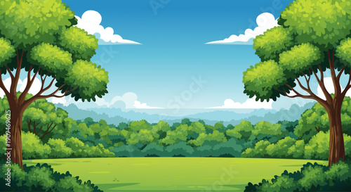 Vibrant green forest landscape with lush trees and a clear blue sky, perfect for nature-themed designs