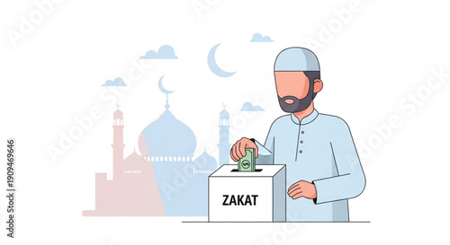 European Muslim Family Paying Zakat Almsgiving During Ramadan Kareem Vector Illustration