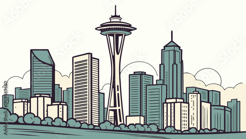 Seattle skyline featuring the iconic space needle tower amidst a stunning cityscape panorama. Suitable for travel and tourism promotions. Seattle skyline, space needle tower, cityscape panorama
