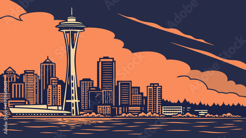 Seattle skyline, space needle, buildings, water, and clouds in a beautiful cityscape. Ideal for travel brochures, websites, and social media posts.