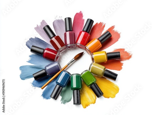 A vibrant arrangement of nail polish bottles arranged in a circular pattern, surrounded by colorful brush strokes, showcasing a spectrum of hues.