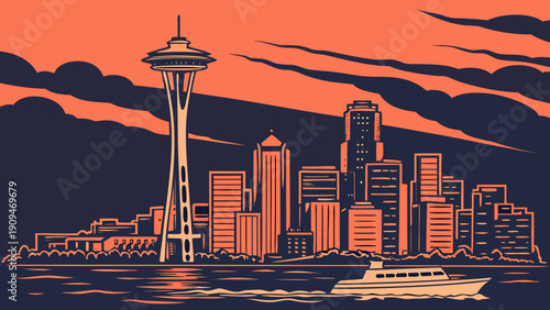 Seattle skyline with space needle and a boat on puget sound suitable for travel brochures, city guides, website banners, or postcards.