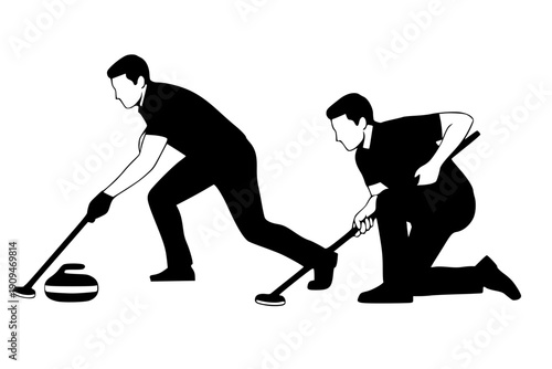 Minimalist graphic illustration of two athletes competing in a curling match. High-contrast silhouette featuring players  using brushes to sweep the ice in front of a curling stone.