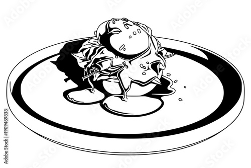 black white graphic illustration of an Eggs Benedict breakfast. This minimalist line art captures a perfectly poached egg sitting atop a layer of ham or smoked salmon and a toasted English muffin