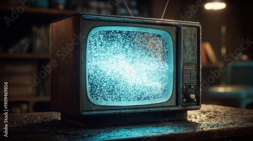 Glowing Retro Television with Eerie Blue Static in a Moody, Dark Room.