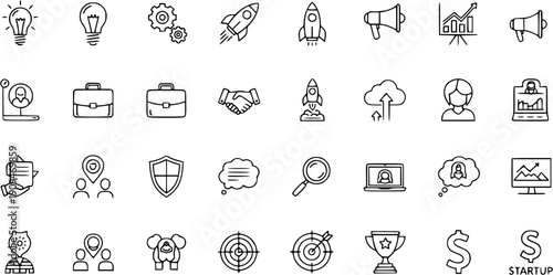 Business and Startup Line Icons Set with Lightbulb, Rocket, Megaphone, Chart, Briefcase, Handshake, Target, Money, Cloud Computing, and Management Symbols