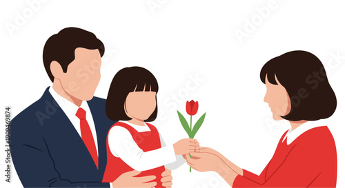 A heartwarming illustration of a father presenting a flower to his daughter, who is then giving it to her mother