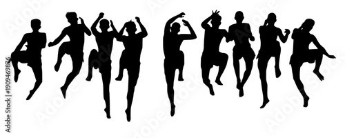 Dynamic silhouettes of energetic dancers jumping and celebrating in various poses. Perfect for party, fitness, music events, youth culture, entertainment designs. Modern vector illustration.