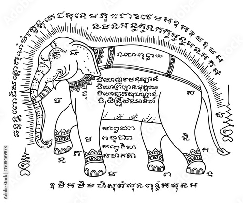Thai Sak Yant tattoo design known as Yant Chang San (The Woven Elephant). This intricate black line art illustration features a sacred elephant adorned with ceremonial patterns and spiritual symbols.