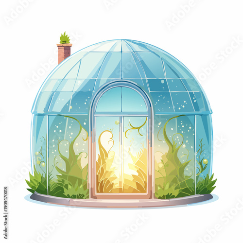 A charming cartoon illustration of a whimsical glass dome greenhouse with glowing plants inside