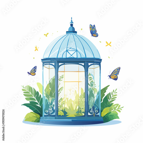 A whimsical watercolor illustration of a glass terrarium filled with lush plants and surrounded by butterflies