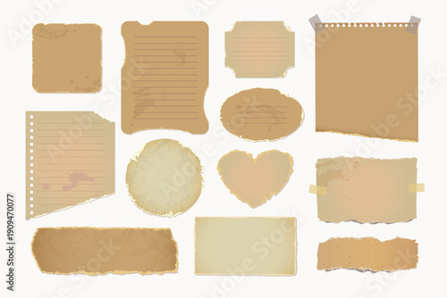 Set of old vintage paper notes with torn edges, stains, and textured surfaces. Retro parchment sheets for scrapbooking, journaling, invitations, and antique design projects