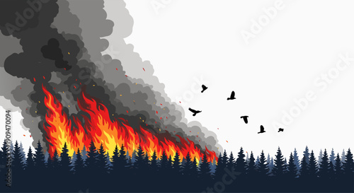 Forest Fire Illustration with Birds Flying Away from Flames and Smoke