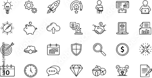 Business, Finance, and Strategy Vector Icons Set. Outline Symbols for Technology, Startup, Productivity, Security, Money, and Time Management.