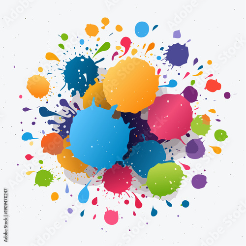 Colorful abstract background with vibrant paint splatters and ink blots on a textured paper