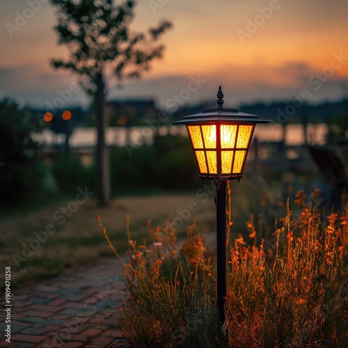 Golden Hour Glow - Rustic Garden Lamp Illuminates Tranquil Lakeside Sunset.