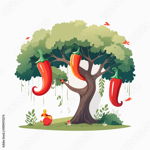 A whimsical illustration of a fantasy tree bearing giant red chili peppers instead of fruit