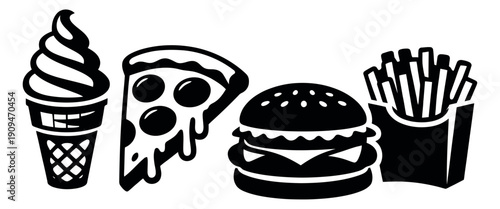 Graphic fast food icon set featuring ice cream, pizza, burger, and french fries for restaurant menus or snack bar advertising