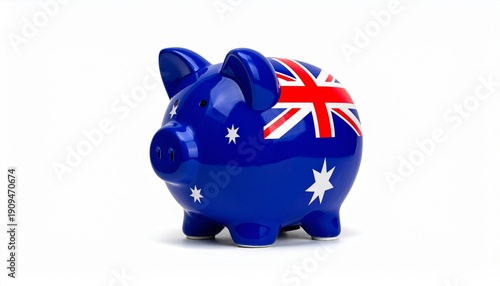Blue piggy bank with Australian flag design on white background.