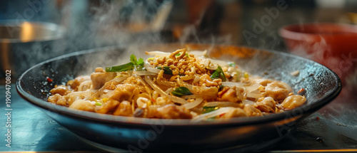 A steaming dish of noodles and vegetables conveys appetising freshness and would be perfect as a backdrop for food blogs or restaurant menus.