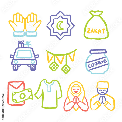 Ramadan and Eid Celebration Doodle Icons Collection with Traditional Islamic Elements