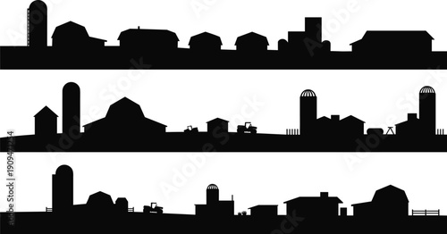 Farm silhouette set with rural countryside buildings, barns, silos and tractors, black agriculture landscape borders isolated on white background for farming and village designs.