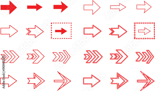 Collection of red directional arrows in various styles and outlines on a white background