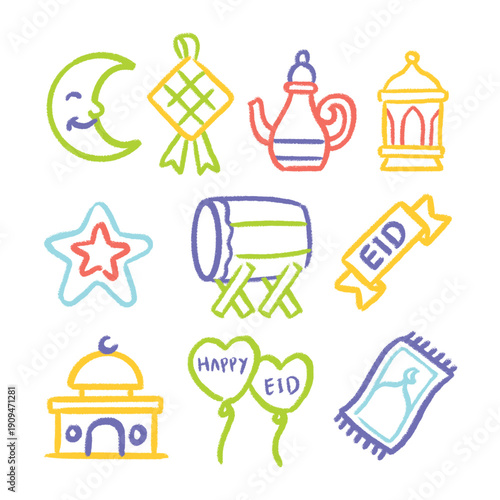 Eid al-Fitr Doodle Icon Set with Islamic Symbols and Festive Elements