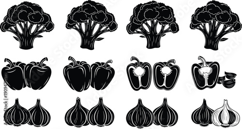 Set of vegetable vector illustrations, broccoli florets, bell peppers, garlic bulbs, black silhouette food icons collection, isolated design elements on white.