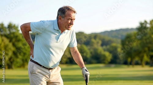 Senior golfer experiencing acute lower back pain during a game, grimacing in discomfort, health concerns, active lifestyle challenges, and the need for physical therapy.