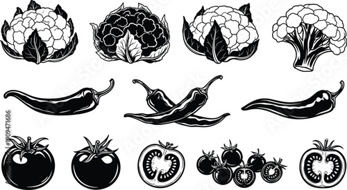Set of vegetable vector illustrations, cauliflower heads, hot chili peppers, ripe tomato icons, black and white food collection, isolated on white background.