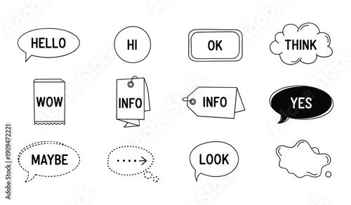 Hand Drawn Black Speech Bubble with Various Conversational Words and Symbols