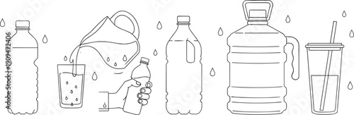 Set of water bottle icons in line art style, featuring jug, glass, pitcher, and reusable cup, vector illustration isolated on white background.