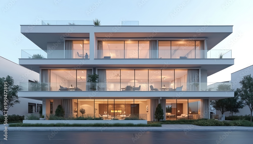 Fototapeta premium Modern multi-story apartment building exterior. Large glass windows reveal interior living spaces with furniture. Balconies offer outdoor areas. Clean white facade.