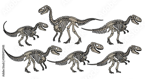 A group of six dinosaur skeletons walking in two rows against a plain white background.
