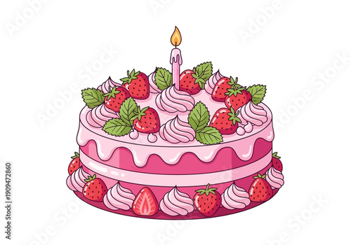 Pink twotier strawberry birthday cake with a single lit candle