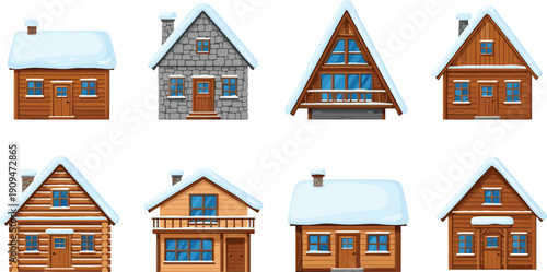 Set of winter house illustrations, snowy wooden cabins, christmas cottage collection, alpine village buildings, holiday home vector icons, isolated on white background.