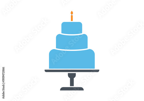 Stylized threetiered blue cake with an orange candle on a dark gray stand