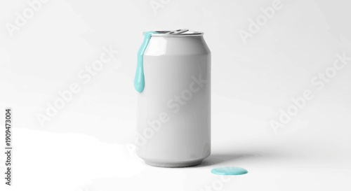 A white can with blue liquid dripping from the top and a small puddle