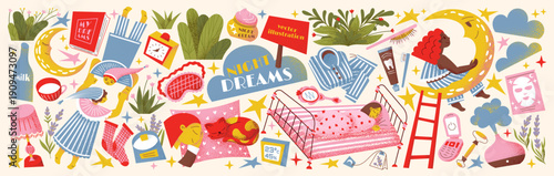 Night dreams. Bedroom. Vector cute cozy illustrations of a sleeping girl, moon, a pet cat sleeping on a pillow, pajamas, angels, bedding, bedtime routine and care for children's design, icons, print, 