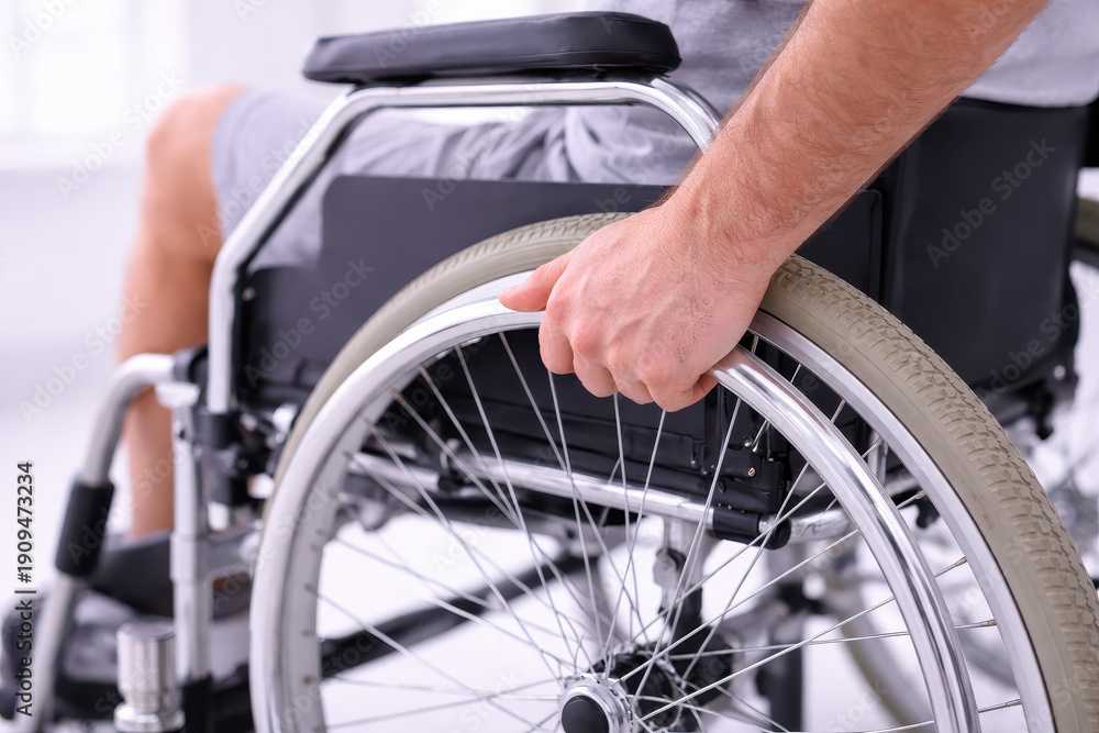 Fototapeta premium Physical therapy rehabilitation recuperatio progress wheelchair wheel hand male patient support clinic indoor recovery focused movement strength
