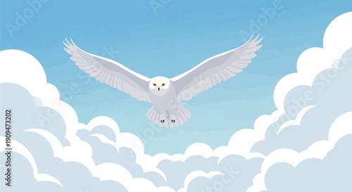 A white owl with wide wings soars through a bright blue sky with fluffy clouds