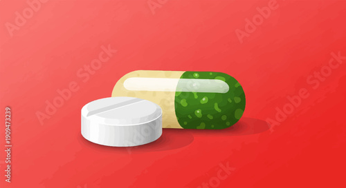 A white pill and a two-toned capsule lie on a red surface