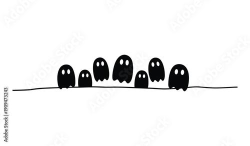 Seven Black Ghostly Figures Standing in a Row on a Straight Line Simple