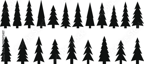 Minimal black pine tree silhouettes collection isolated on white background, evergreen forest icons set for winter design, nature illustration, vector style graphic elements
