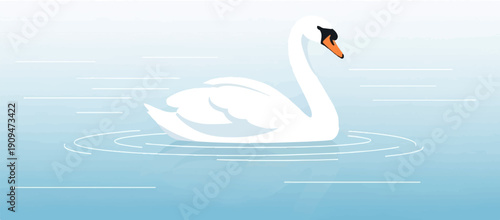 A white swan gracefully glides on serene blue water, creating ripples