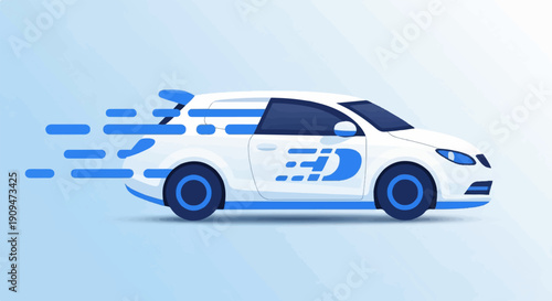 A white, stylized car speeds forward with blue motion lines