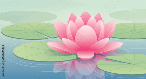 A vibrant pink water lily blooms majestically on a tranquil pond