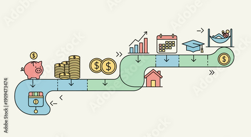 Business Growth Pipeline Illustration showing Saving Investment Education and Financial Success